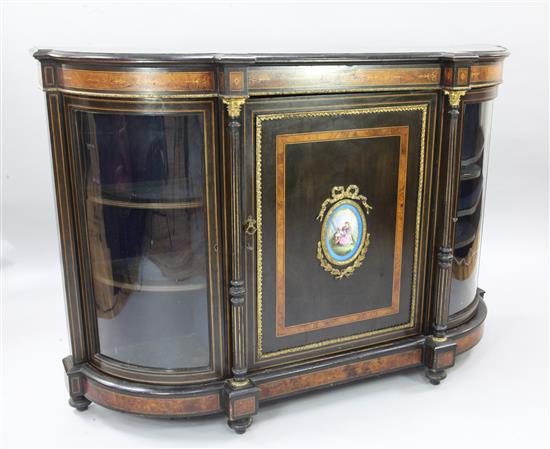 A Victorian marquetry inlaid ebonised credenza, W.5ft 1in. D.1ft 6in. H.3ft 6in.